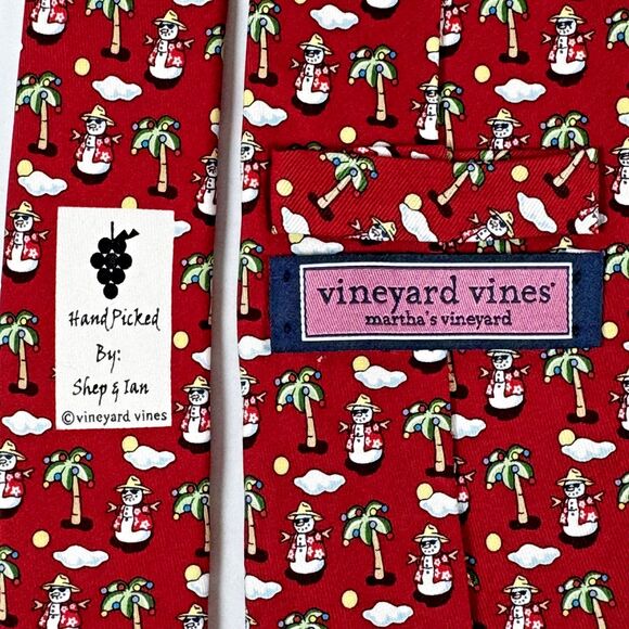 Vintage Vineyard Vines Silk Tie Red Snowman Palm Tree USA Made Christmas Holiday - Picture 5 of 9